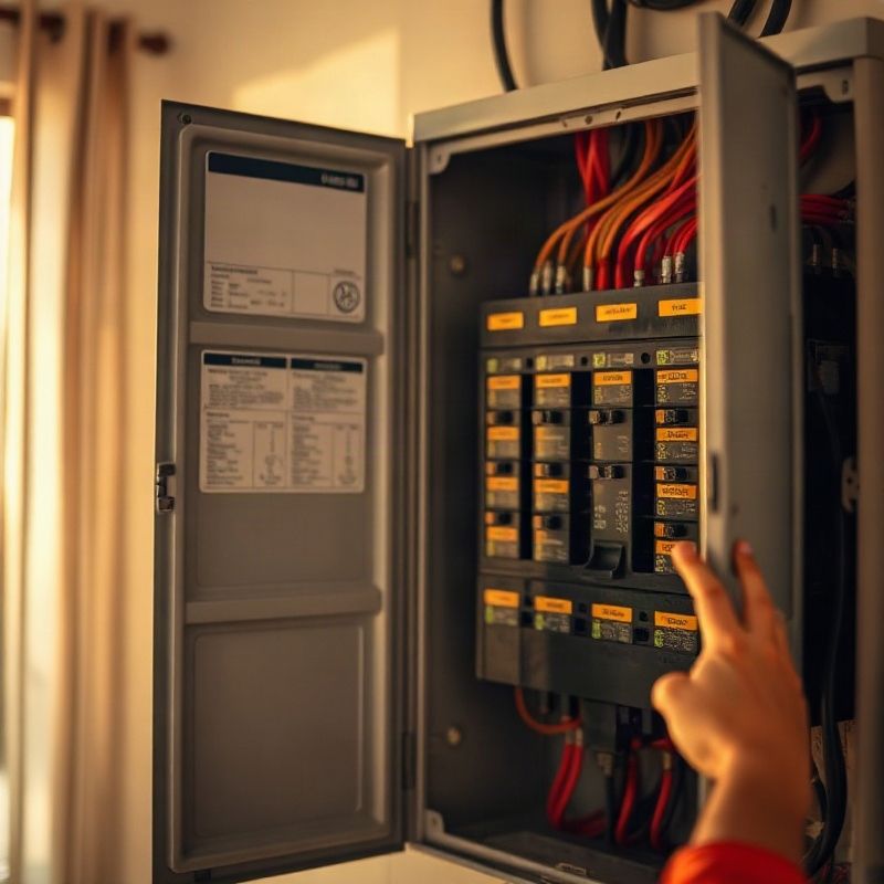 Tablero eléctrico abierto con llaves termomagnéticas etiquetadas