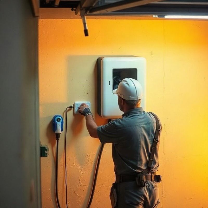Electricista instalando un punto de carga para vehículo eléctrico en un garaje de Tacuarembó
