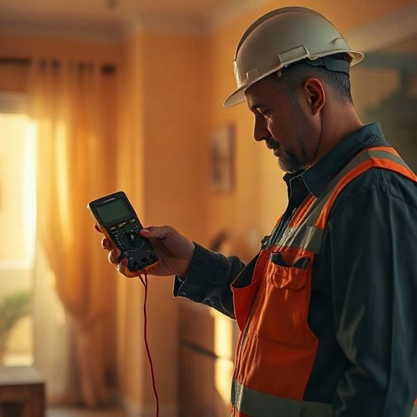 Electricista midiendo continuidad de cable con un multímetro en una vivienda uruguaya